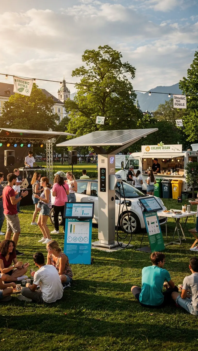 Moderne Ladestationen mit Solarpanelen in einem urbanen Umfeld.