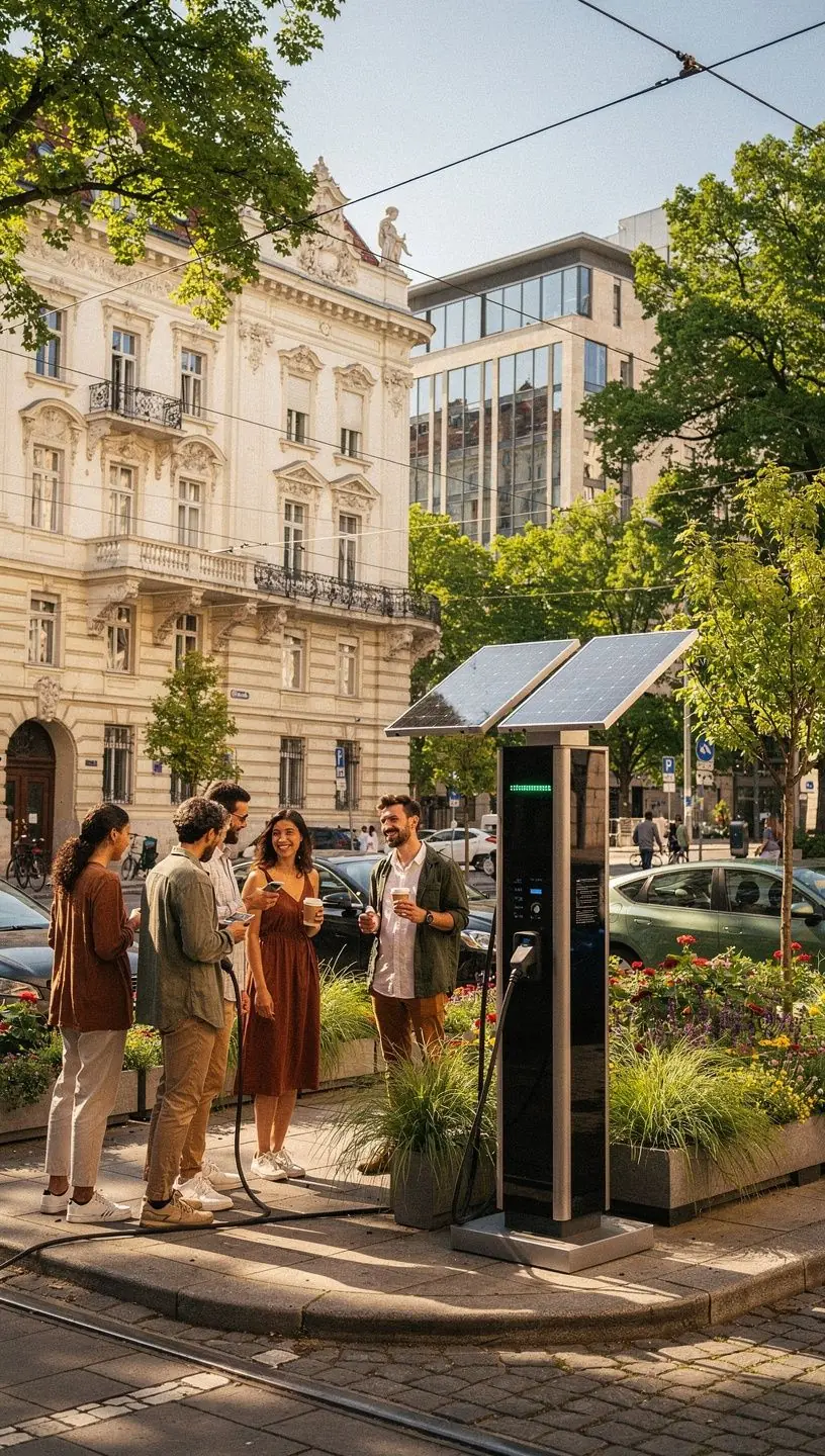 Ladestation für Elektrofahrzeuge mit Solarpanelen in einer urbanen Umgebung