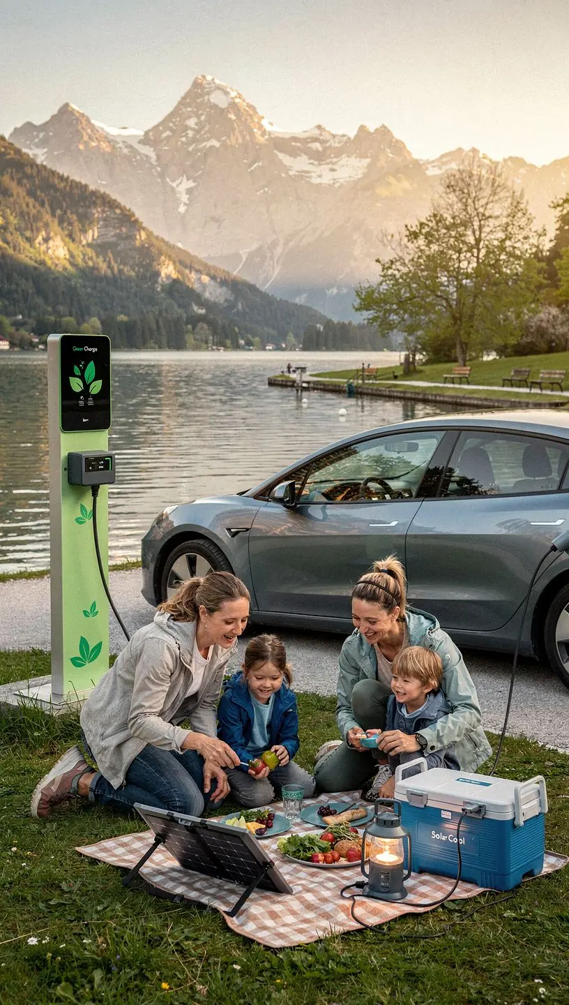Elektroauto, das an einer umweltfreundlichen Solar-Ladestation aufgeladen wird