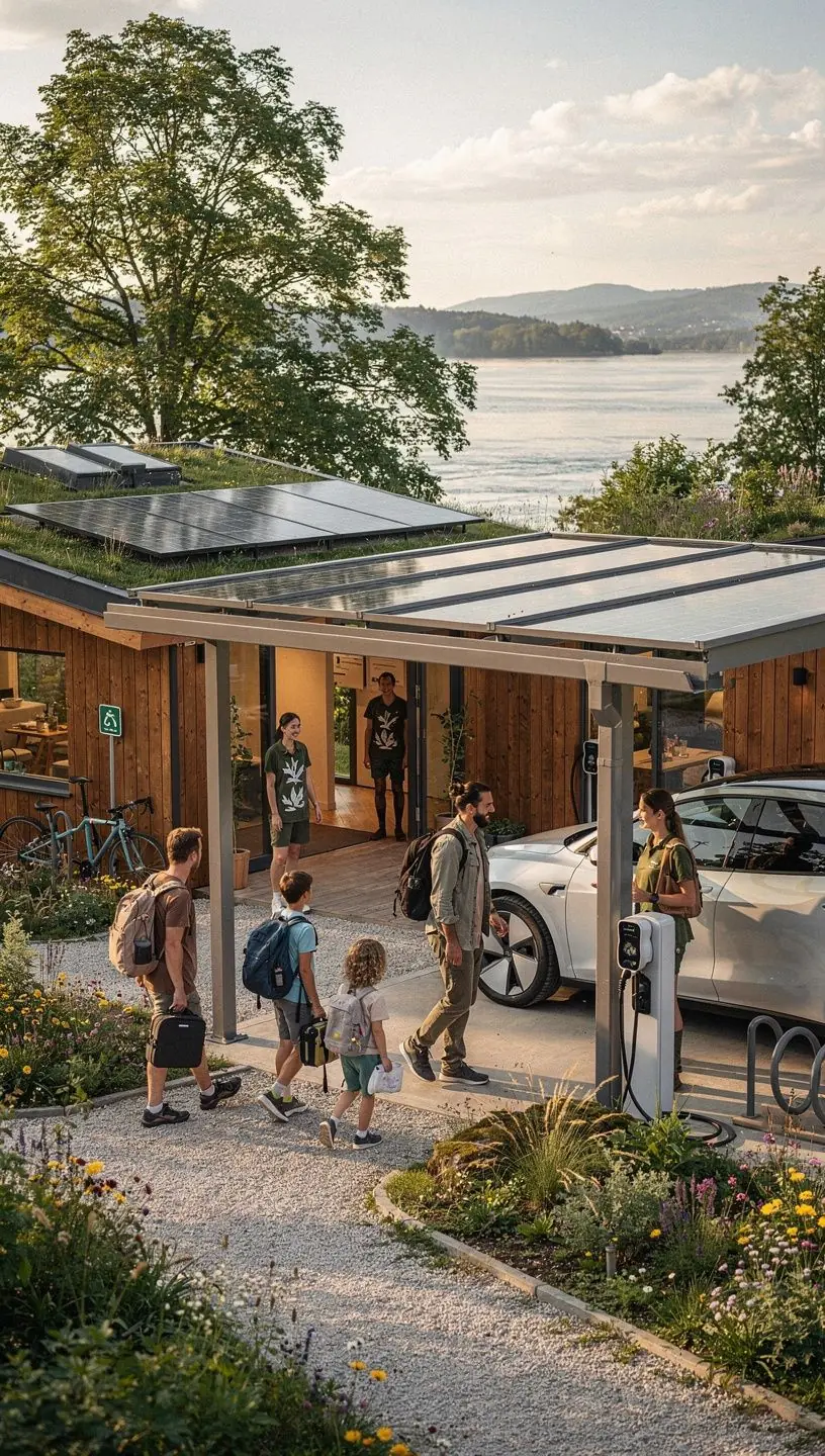 Ein Elektroauto, das an einer nachhaltigen Ladestation lГ¤dt, wГ¤hrend die Sonne auf die Solarpanels scheint.