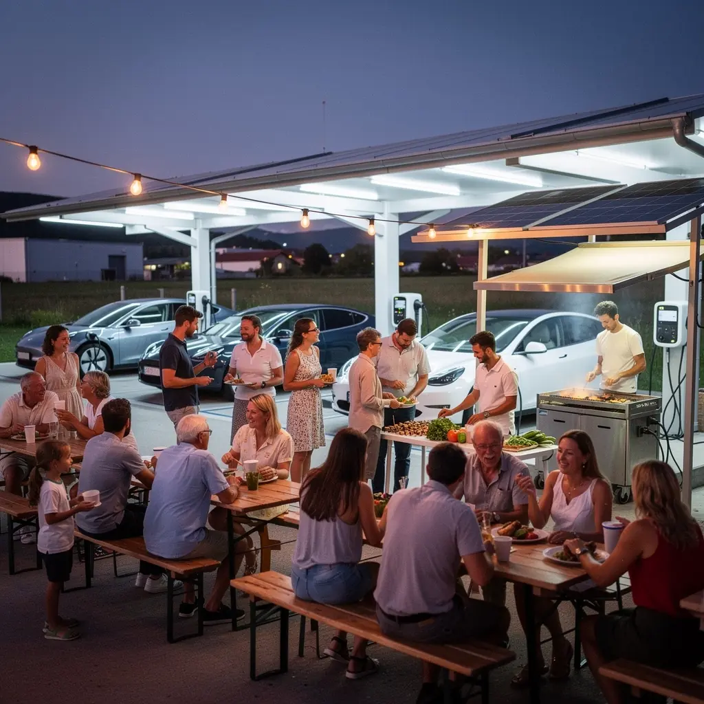 Ein Benutzer, der stolz sein Elektrofahrzeug an einer umweltfreundlichen LadesГ¤ule anschlieГџt, umweltbewusst und nachhaltig.