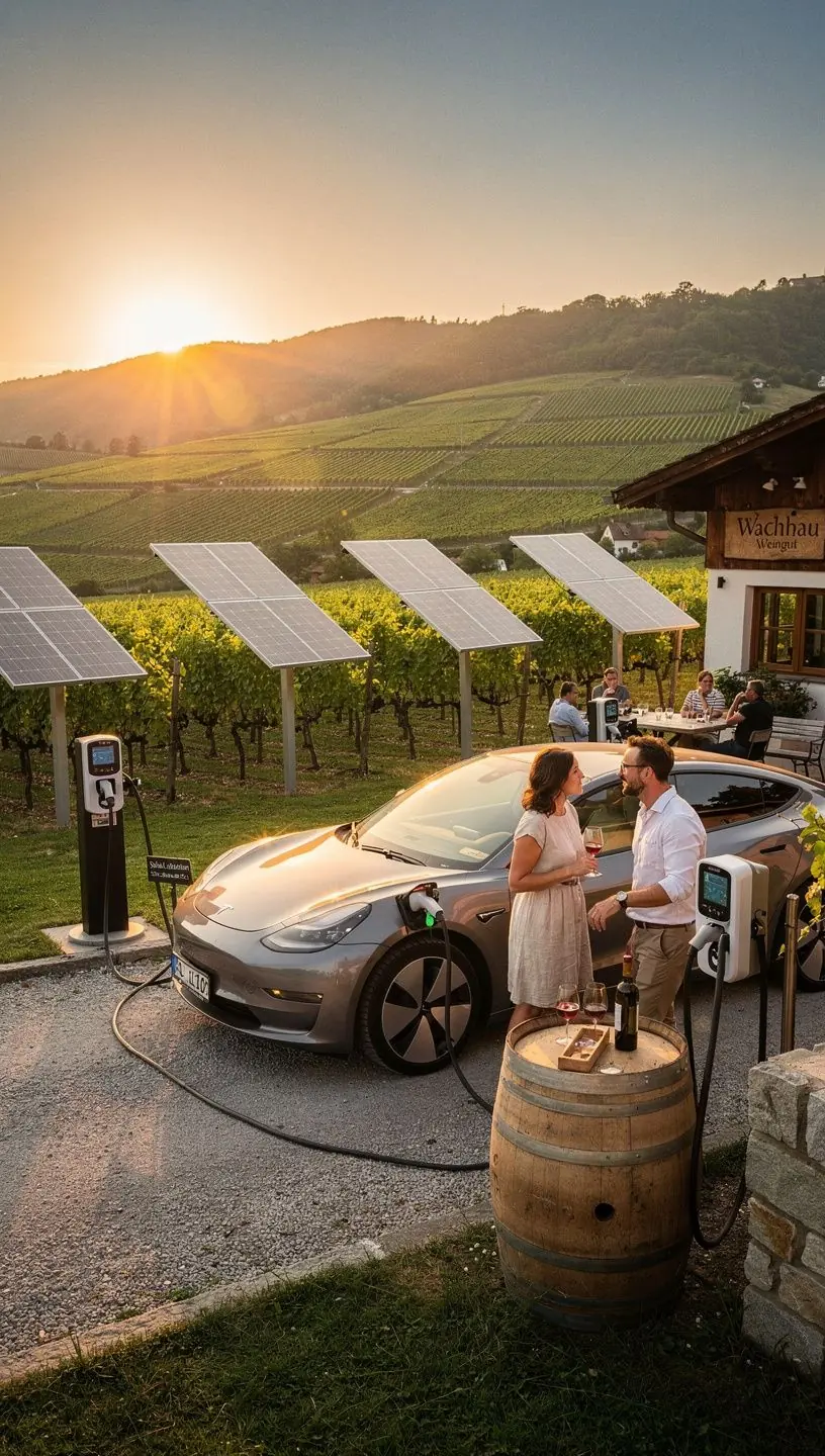 Ein Benutzer, der an einer innovativen Ladestation für Elektroautos mit Solarstrom tankt.