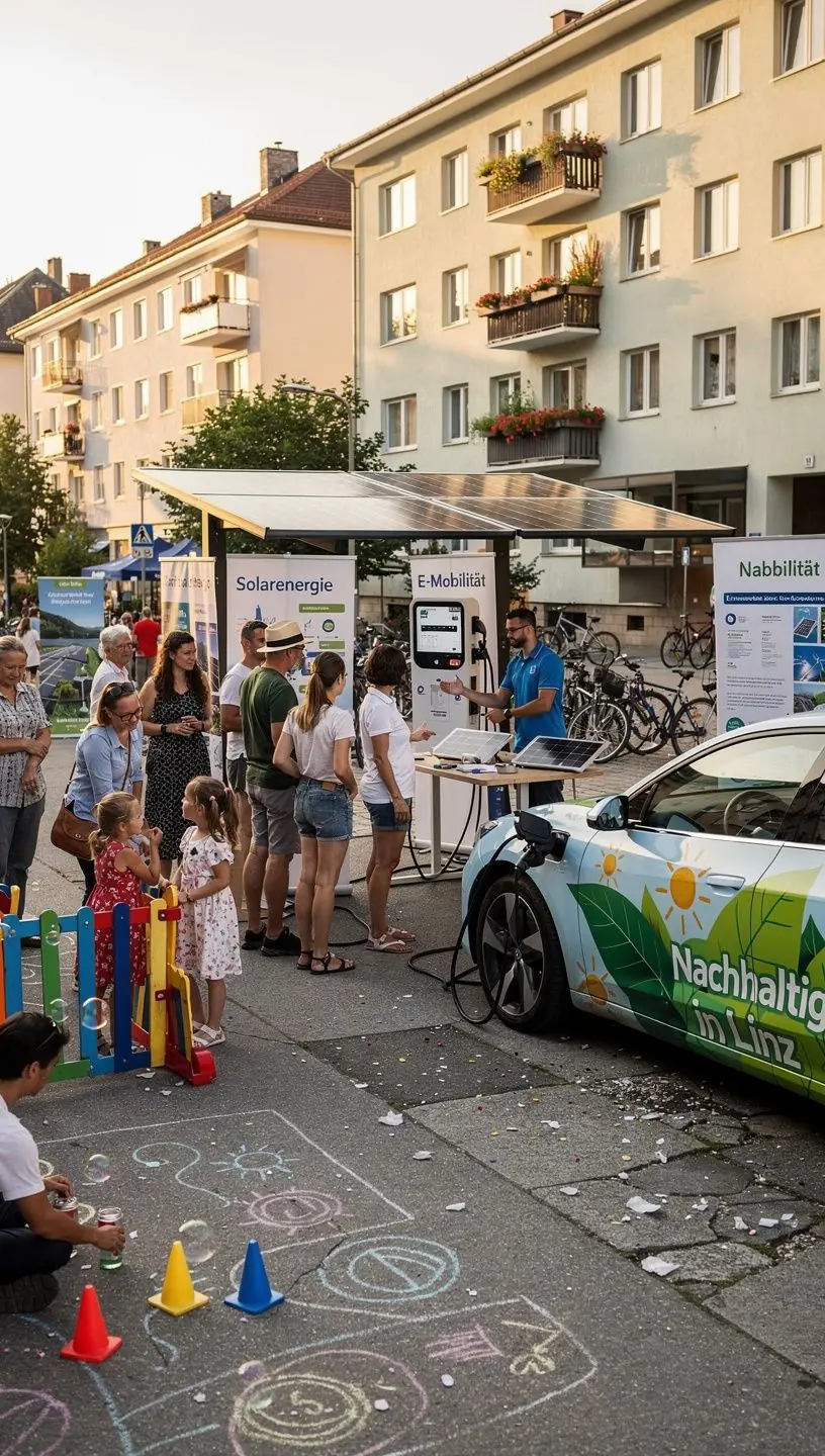 Ein Sonnenuntergang über einer Ladestation, die mit Solarpanels betrieben wird.