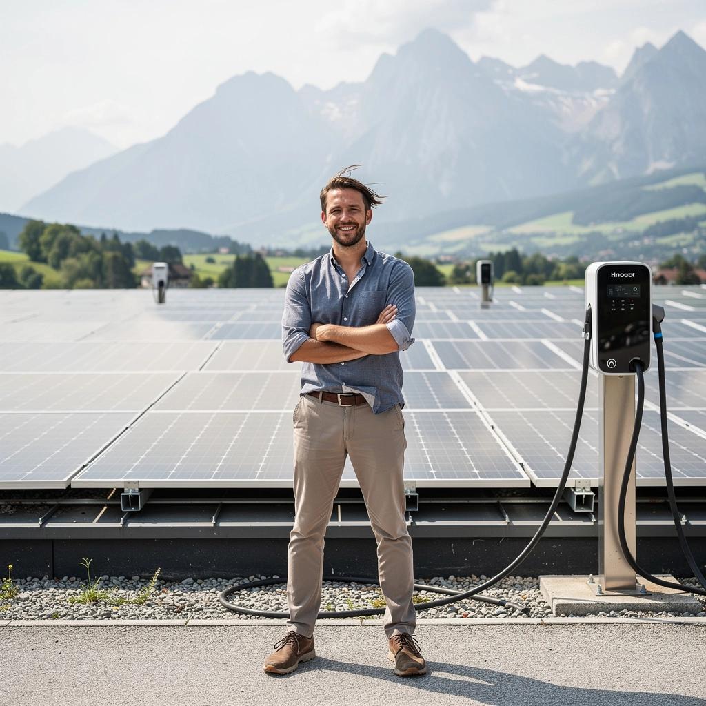 Landschaft mit Solarladestationen in der Nähe von grünen Wiesen.